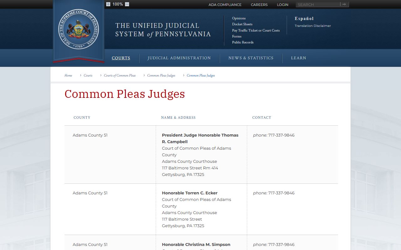 Cambria County court dockets Common Pleas judges list
