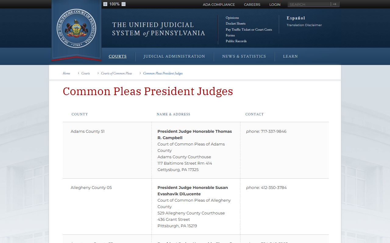 Cambria County court dockets president judge listing