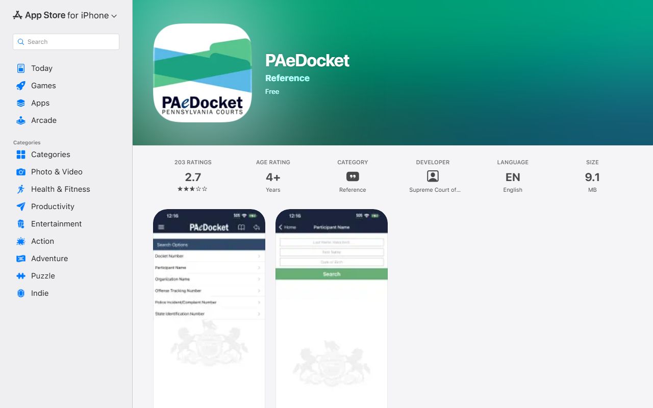 Cambria County court dockets PAeDocket App Store listing