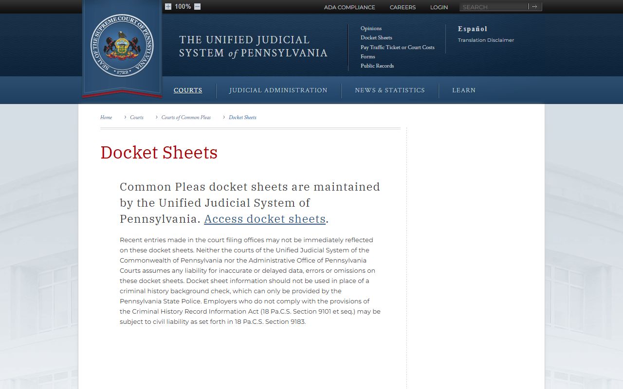 Cambria County court records AOPC docket sheet access
