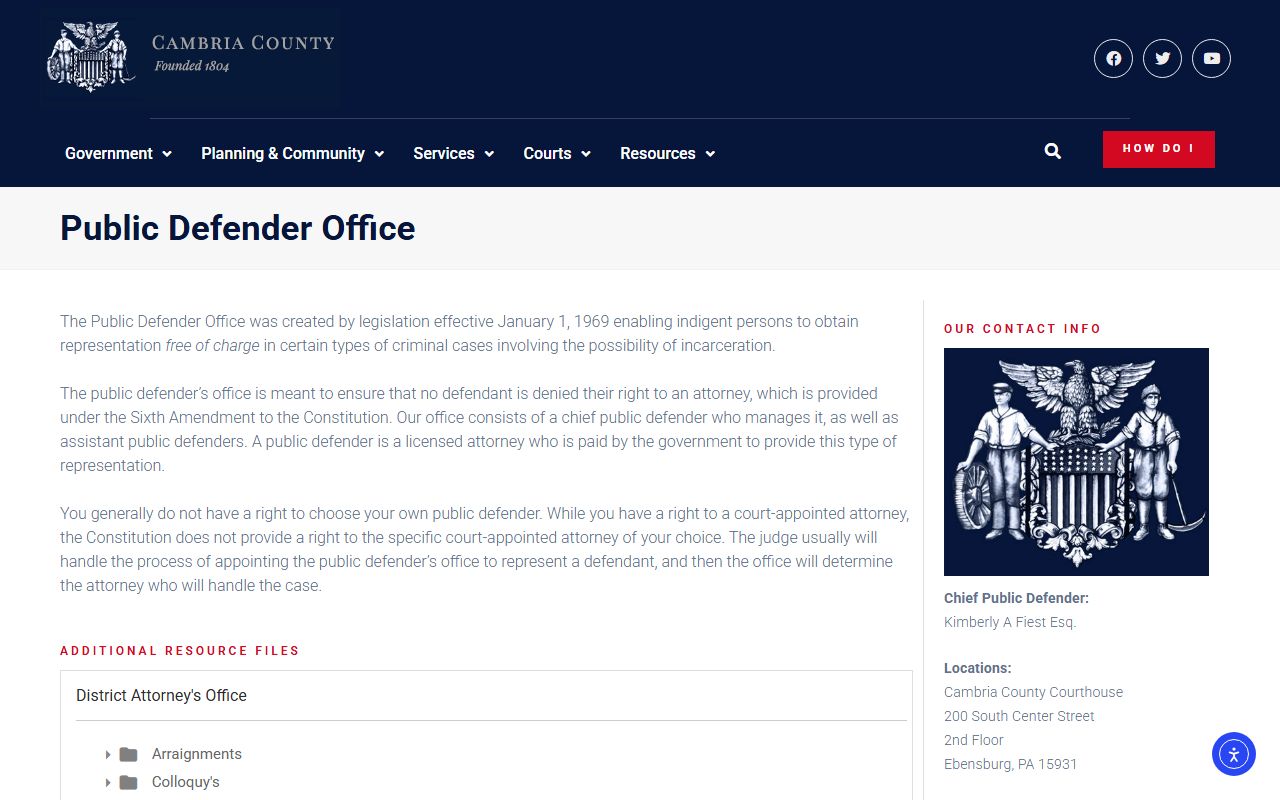 Cambria County criminal court records Public Defender page
