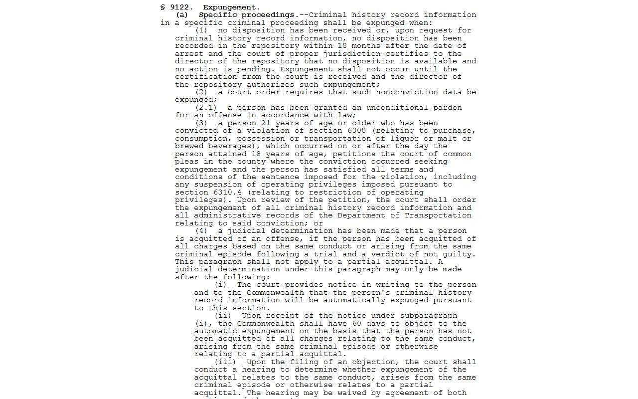 Cambria County criminal court records Pennsylvania expungement statute
