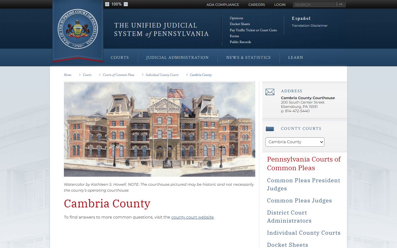 Cambria County court records AOPC county court page