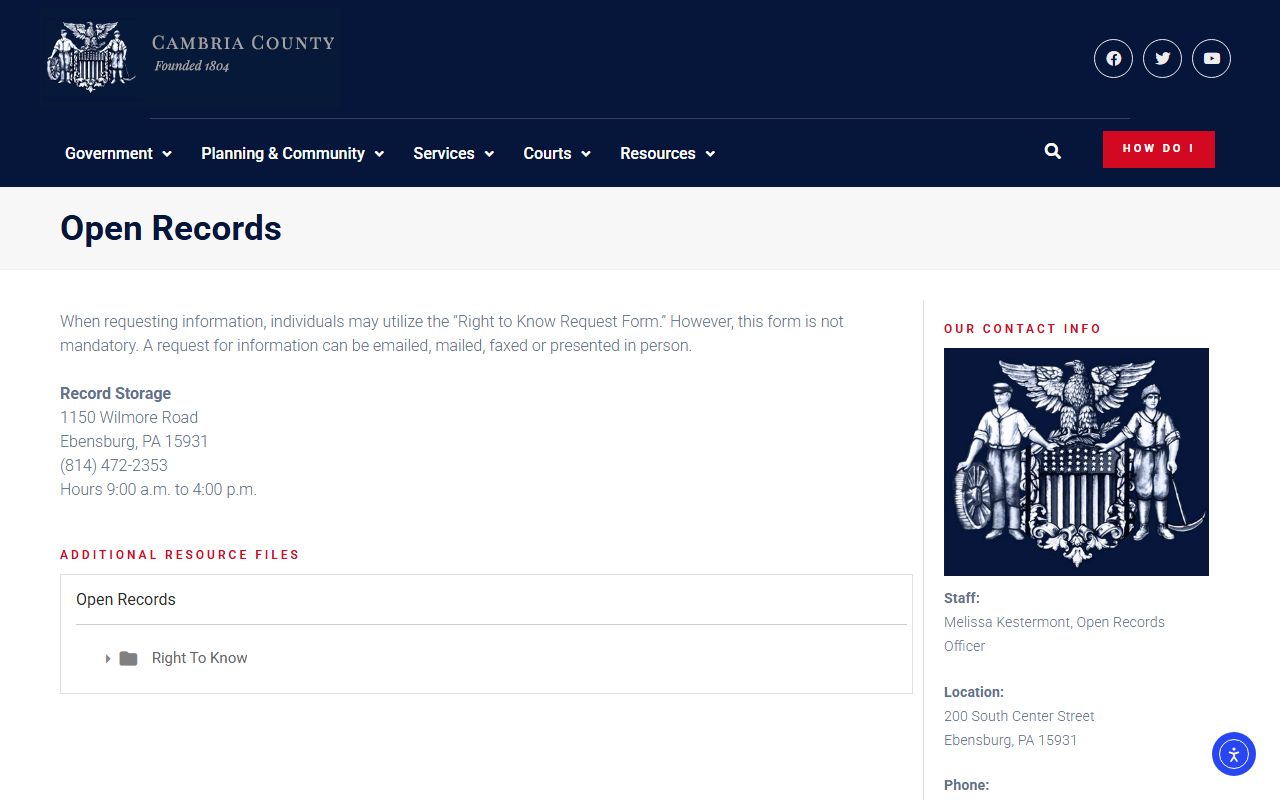 Cambria County court records open records request page