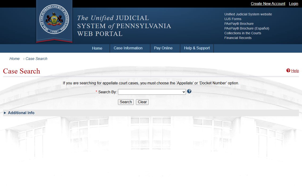 Cambria County court records UJS case search page