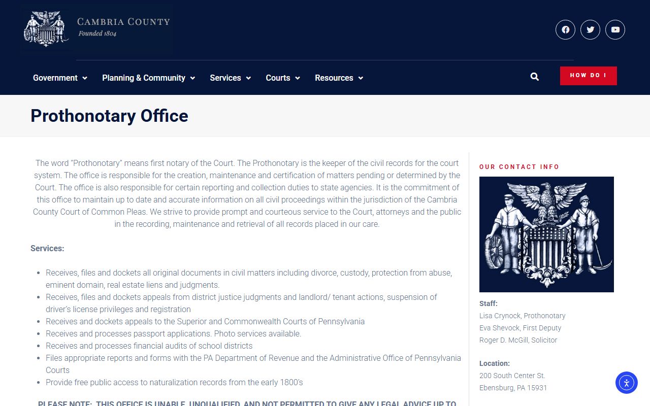 Cambria County divorce records Prothonotary office