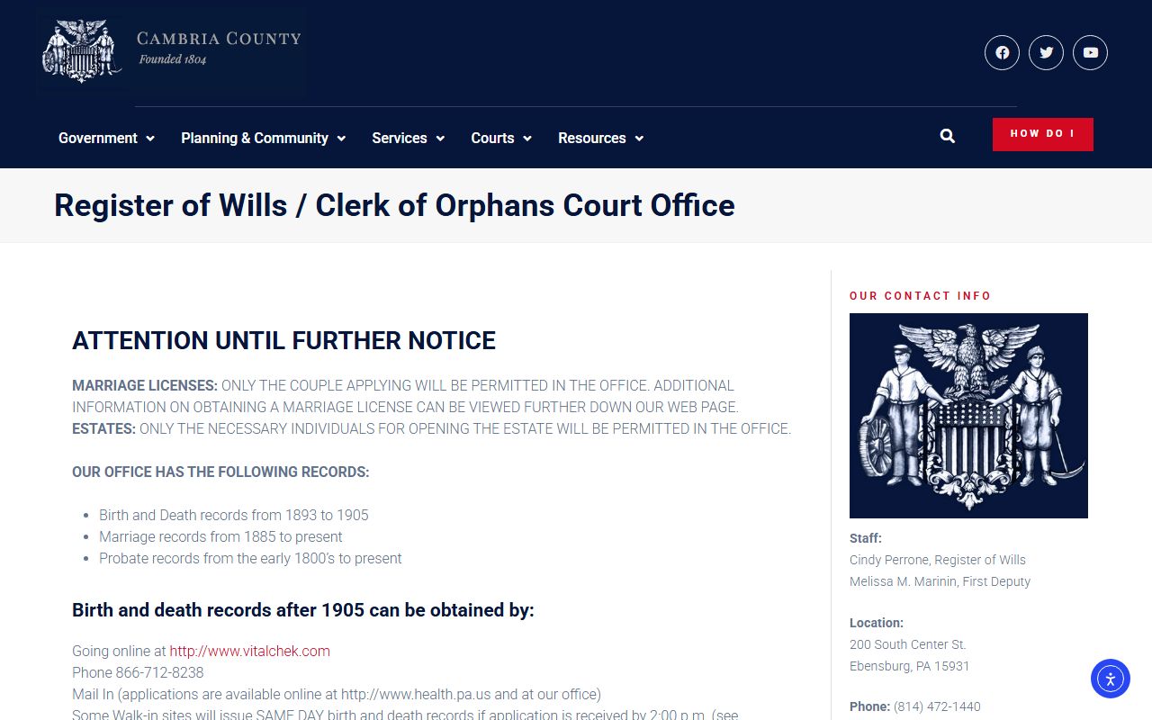Cambria County marriage records Register of Wills and Orphans' Court