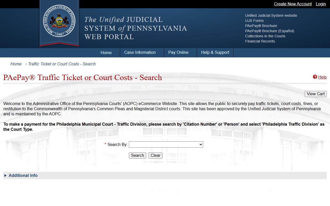 Cambria County traffic court records PAePay search page