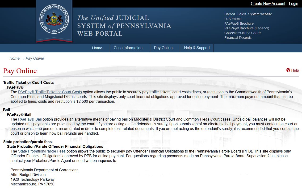 Cambria County traffic court records UJS Pay Online page