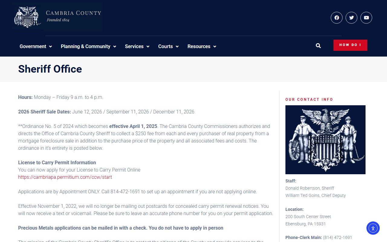 Cambria County warrant search Sheriff page