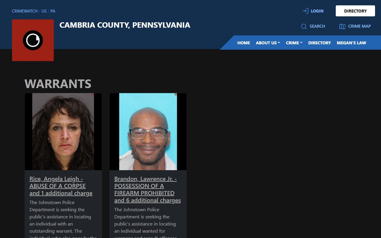 Cambria County warrant search CRIMEWATCH warrant posts
